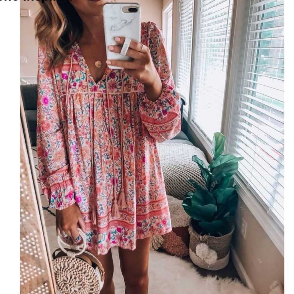 Boho Chic Gypsy Floral Print Mini Dress - Picture 1 of 8